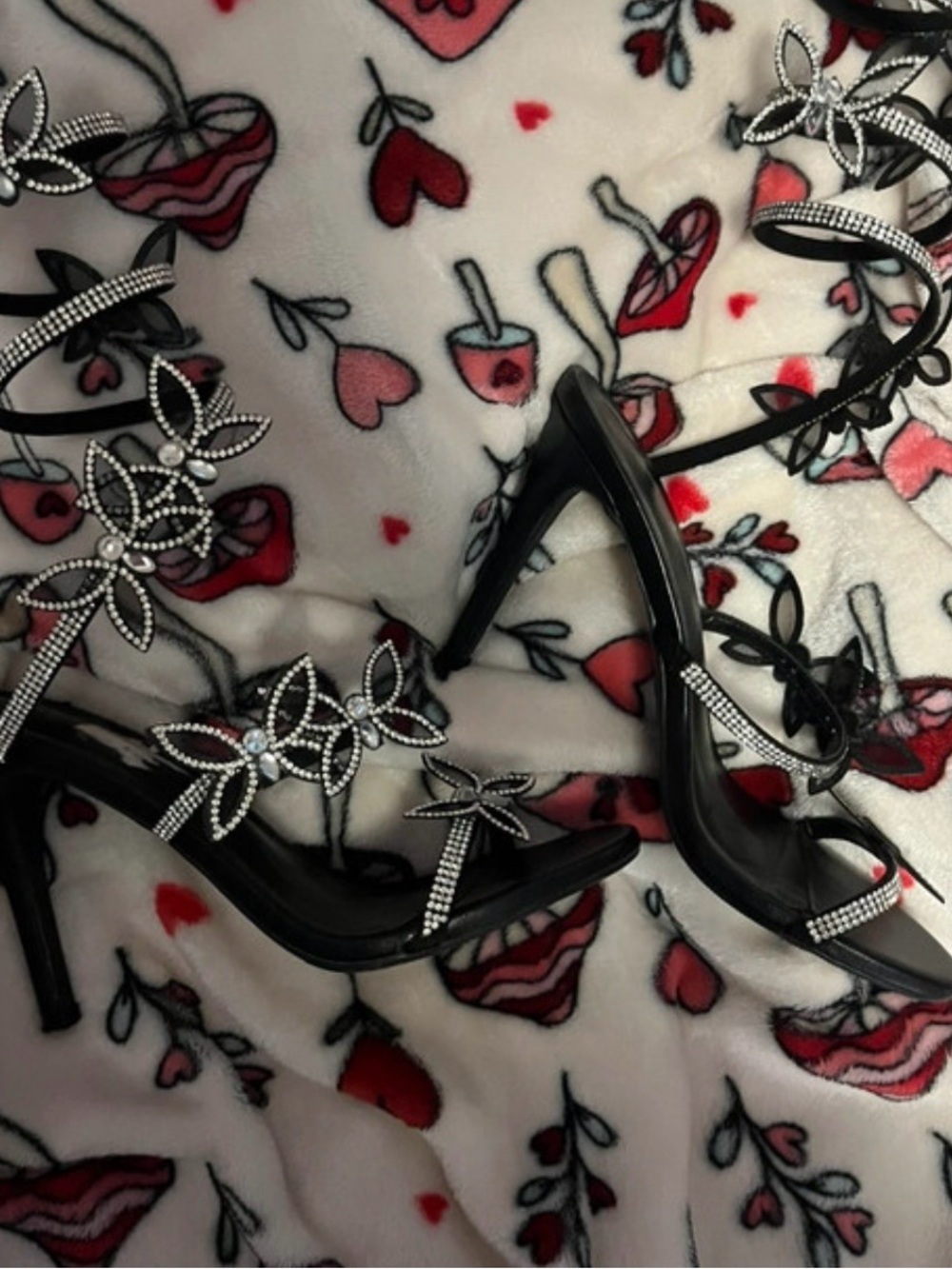 SHEIN Black Rhinestone Floral-Strap High Heel Sandals (worn once)